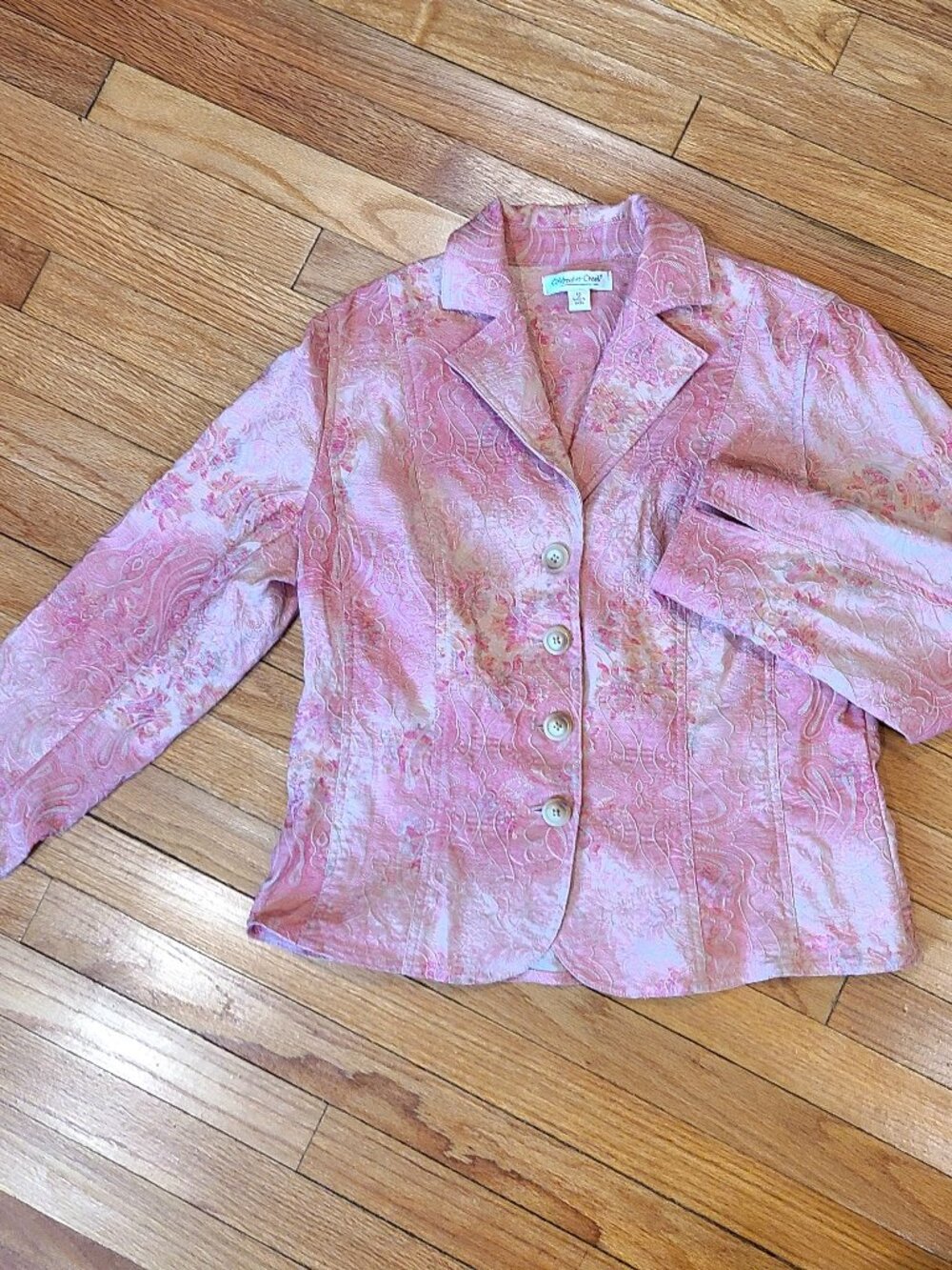 Coldwater Creek Pink Gold Paisley Floral Brocade Jacquard Blazer Jacket Size 12